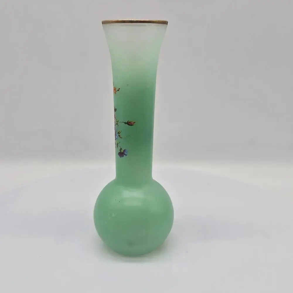 Vintage Frosted Glass Fluted Bud Vase with Flowers & Gold Rim Green 6